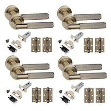 Golden Grace 4 Set Straight T-Bar Linear Door Handles in Antique Brass Finish with Tubular Latch and 1 Pair of 3" Ball Bearing Hinges | Bronze | 4 Set