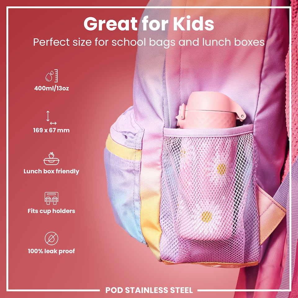 image 1 of Leak Proof Kids Water Bottle, Stainless Steel, 400ml (13oz) | Pink | Daisies | One Size