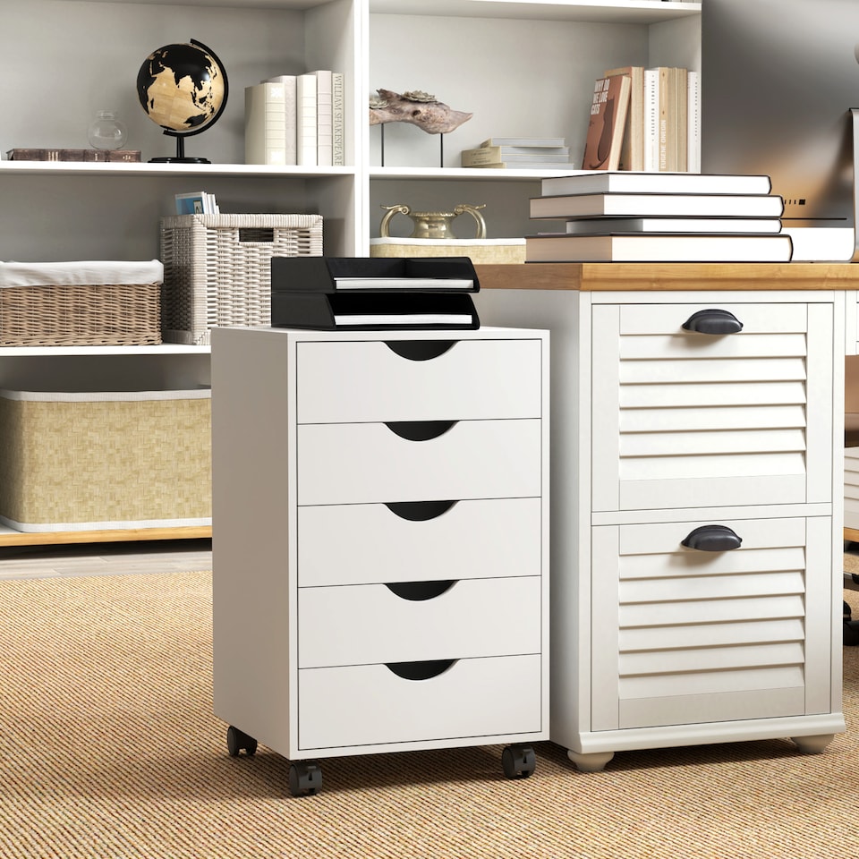image 1 of HOMCOM Filing Cabinet with 5 Drawers, Under Desk Drawer, White | White | White