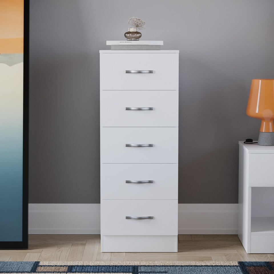 image 1 of Vida Designs Riano 5 Drawer Narrow Chest of Drawers Bedroom Storage, White