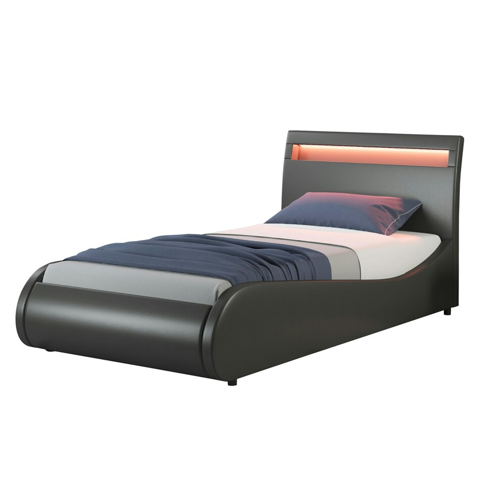 image 1 of Orion LED Lights Headboard Gaming Style Black Faux Leather Bed Frame (Single) | Black | Black | Single