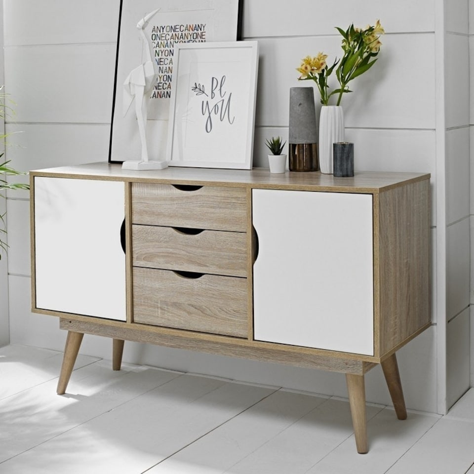 image 1 of Scandi 2 Door 3 Drawer Oak Sideboard - MDF - L45 x W125 x H77 cm - White Brown