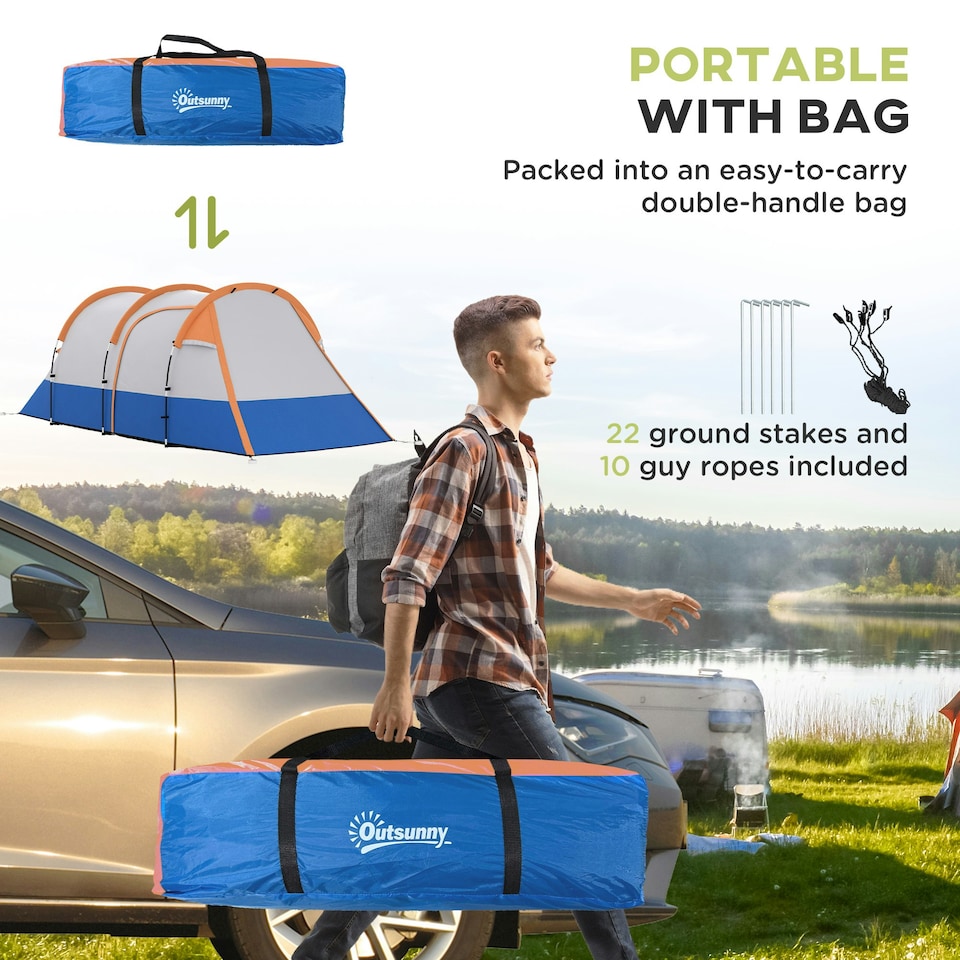 image 1 of Outsunny 2-3 Man Camping Tunnel Tent with Bedroom and Living Room, Orange