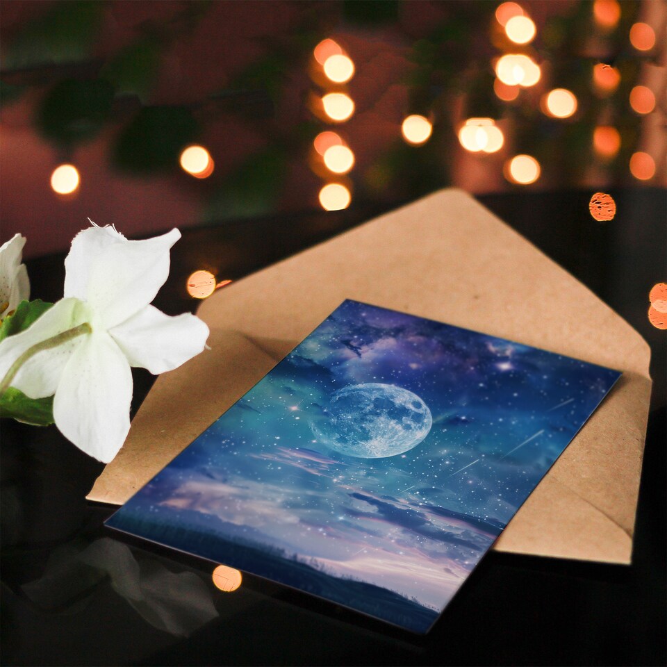 image 1 of Greeting Card Dreamy Full Moon Star Night Sky Surreal Starscape