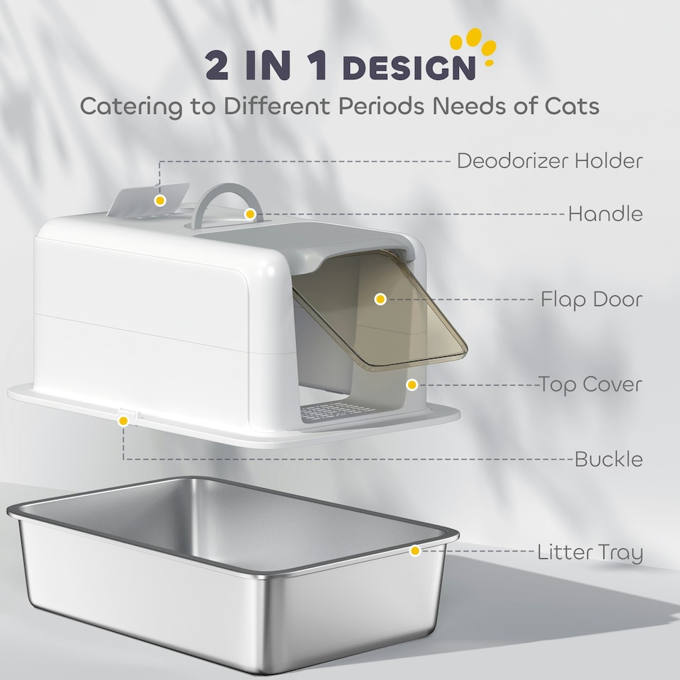 image 1 of PawHut Stainless Steel Cat Litter Box with Removable Lid, Scoop Grey | One Size