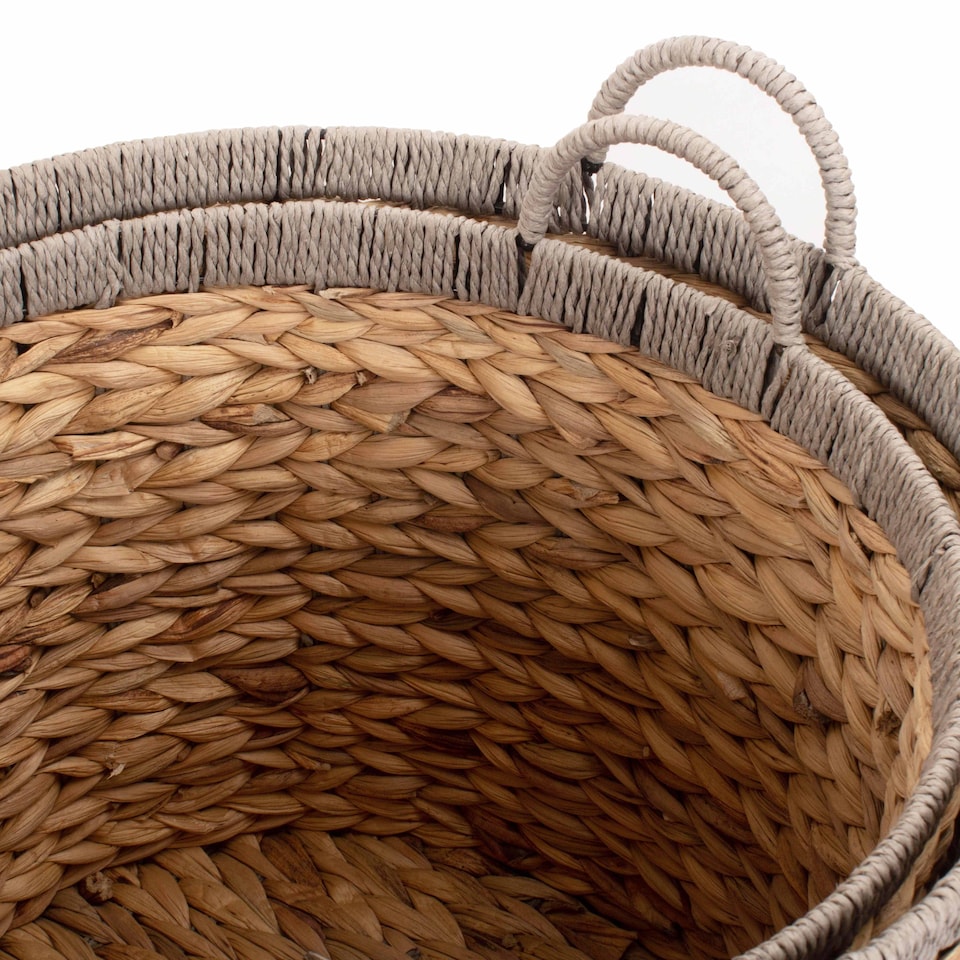 image 1 of Set of 2 Round Water Hyacinth Basket With Grey Rope Border | Brown | Brown | Not provided
