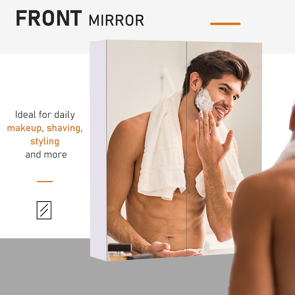 image 1 of HOMCOM Mirror Cabinet, Wall Mount Bathroom Storage Cabinet with Adjustable Shelf, Double Door Cupboard, 60 x 15 x 75 cm, White