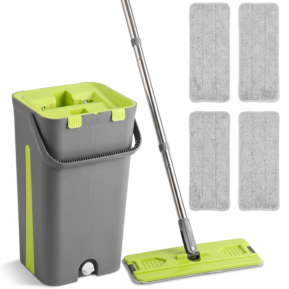 image 1 of HOMCOM Mop and Bucket Set, Compact Flat Mop System, Dark Grey and Green