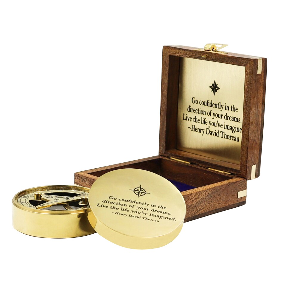 image 1 of Engraved Sundial Compass Gift – “Go Confidently” Inspirational Quote Gold