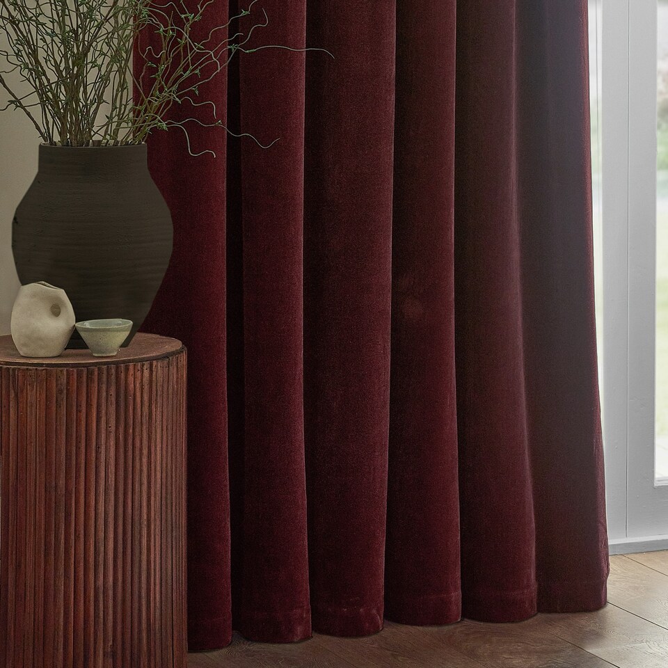 image 1 of Yard Heavy Chenille Velvet Room Darkening Pencil Pleat Curtains | Red
