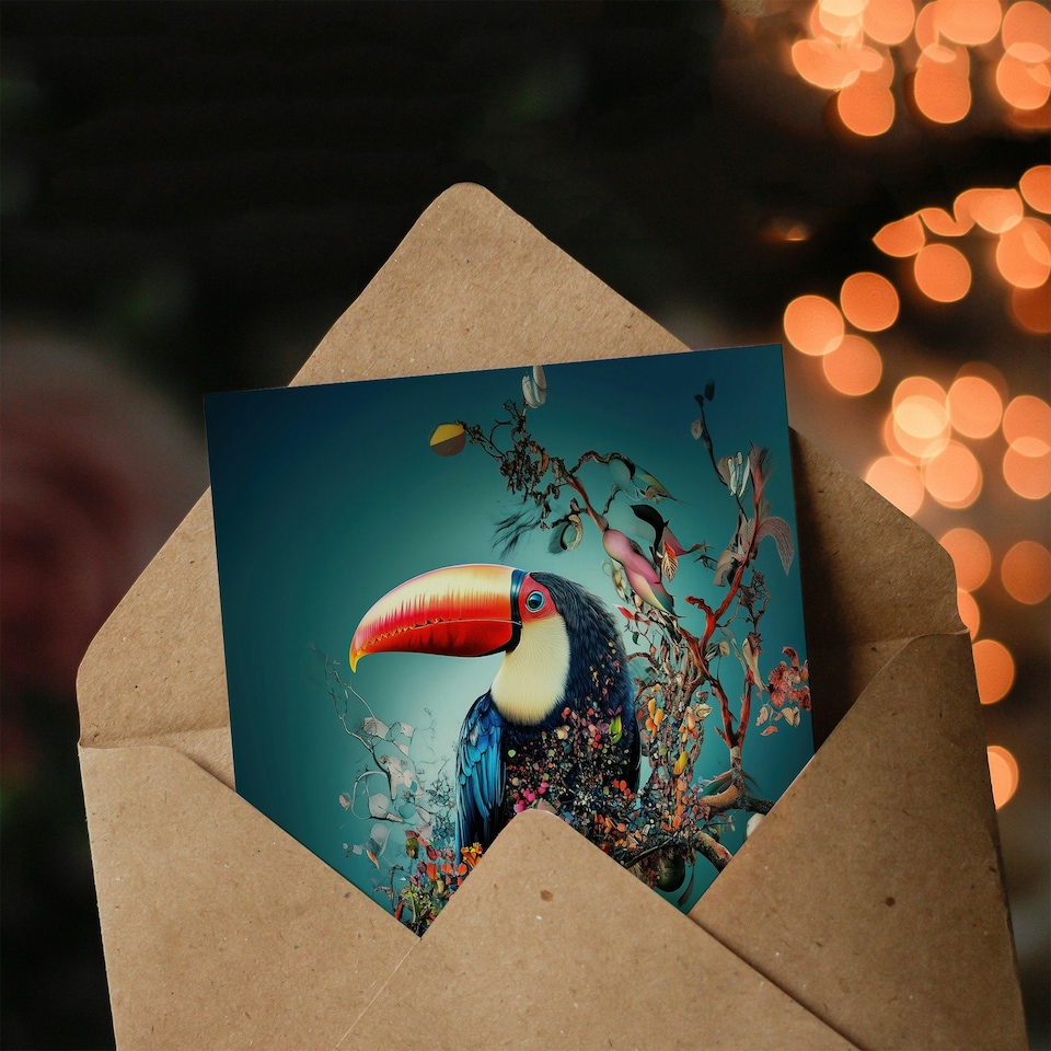 image 1 of Toucan Bird Flowering Tree Branch Surreal Fantasy Birthday Greeting Card
