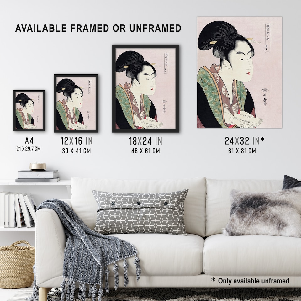 image 1 of Woman Reading Scroll Portrait Vintage Wall Art Print Kitagawa 18x24"