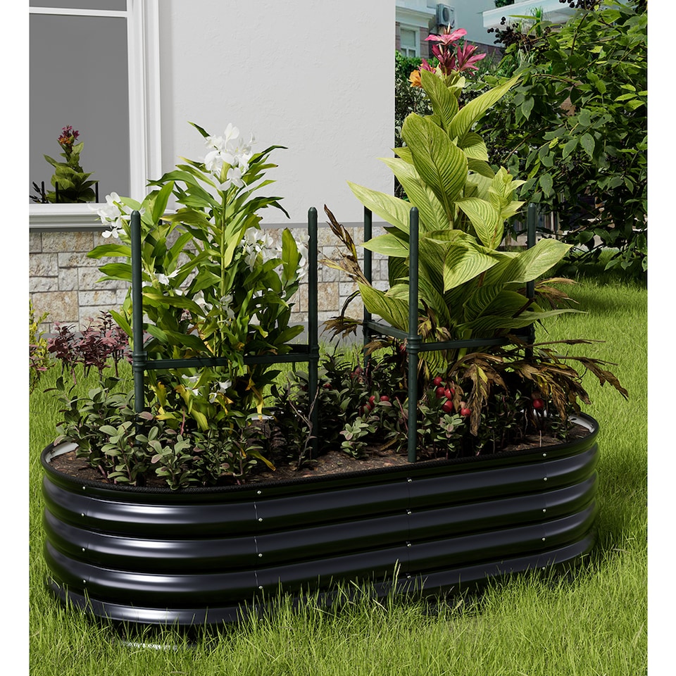 image 1 of Living and Home Oval Galvanized Steel Raised Garden Bed- Black | Black | 160cm W x 80cm D x 42cm H