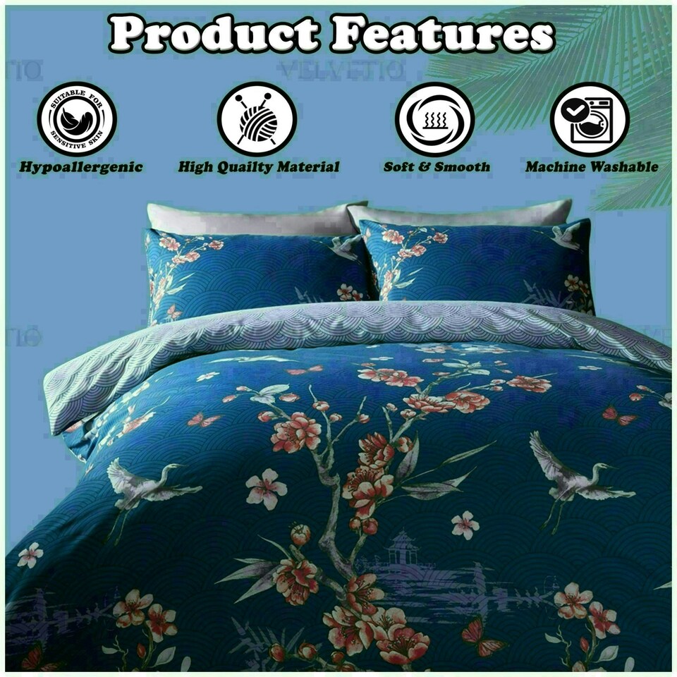 image 1 of Akari Floral Printed Duvet Cover Set Reversible Polycotton Beddings Blue | Single