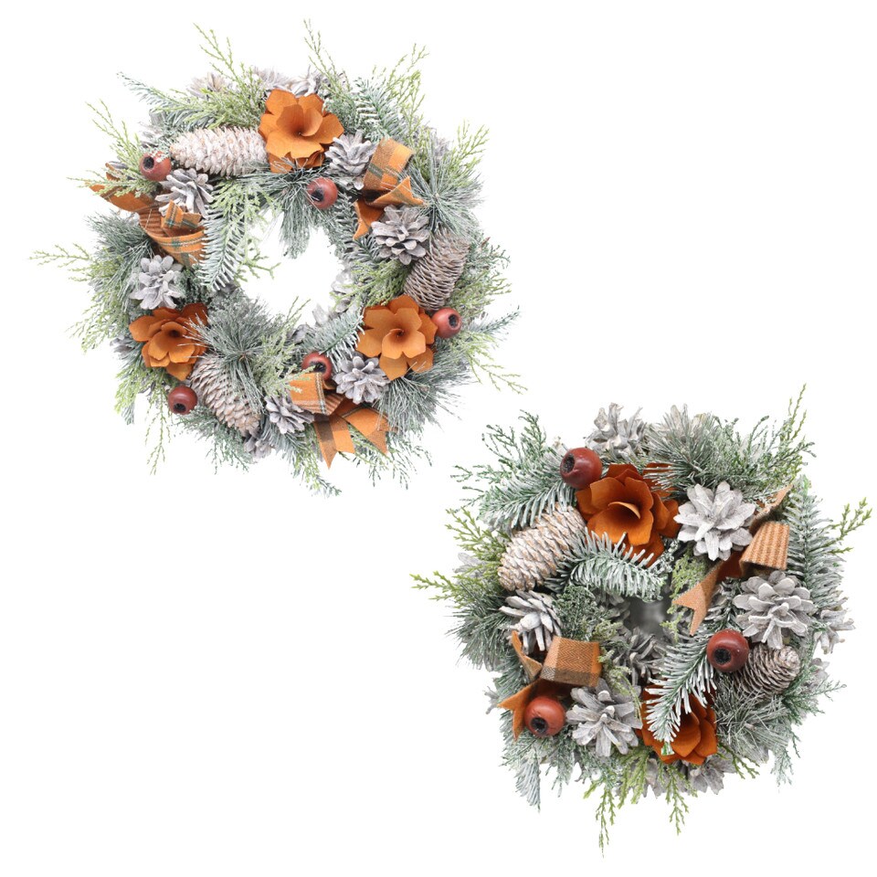 image 1 of Christmas Wreath Festive Decoration with Jute Hanger Traditional Pinecone Decor | Multi | Orange & White | 25cm | 1