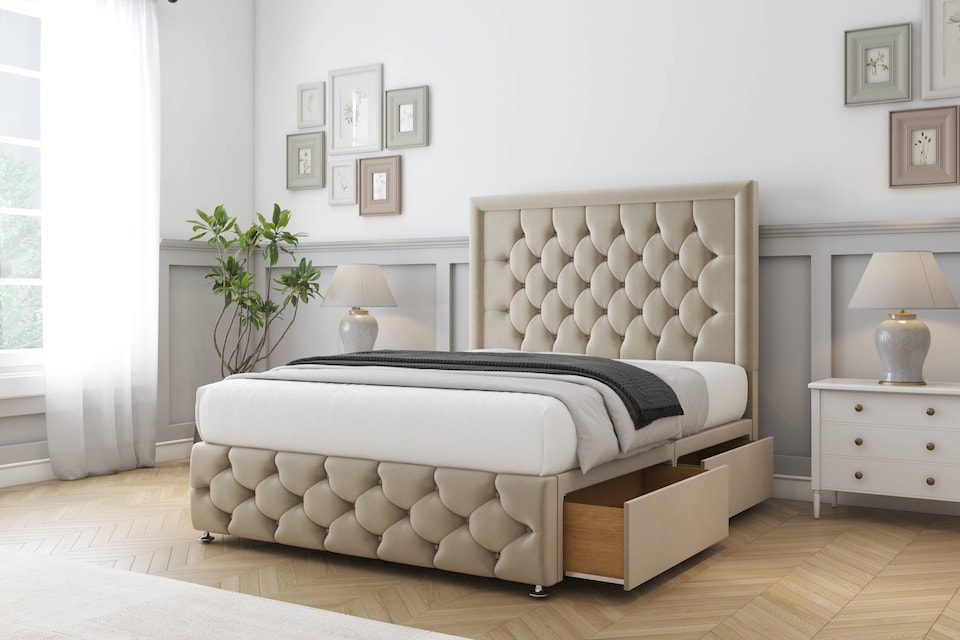 image 1 of Sloomy Vienna Almond Coniston Divan Bed Base No Drawers With 54 Inch Floor Standing Headboard & 12 Inch Matching Footboard | Cream | Almond | Single | 1