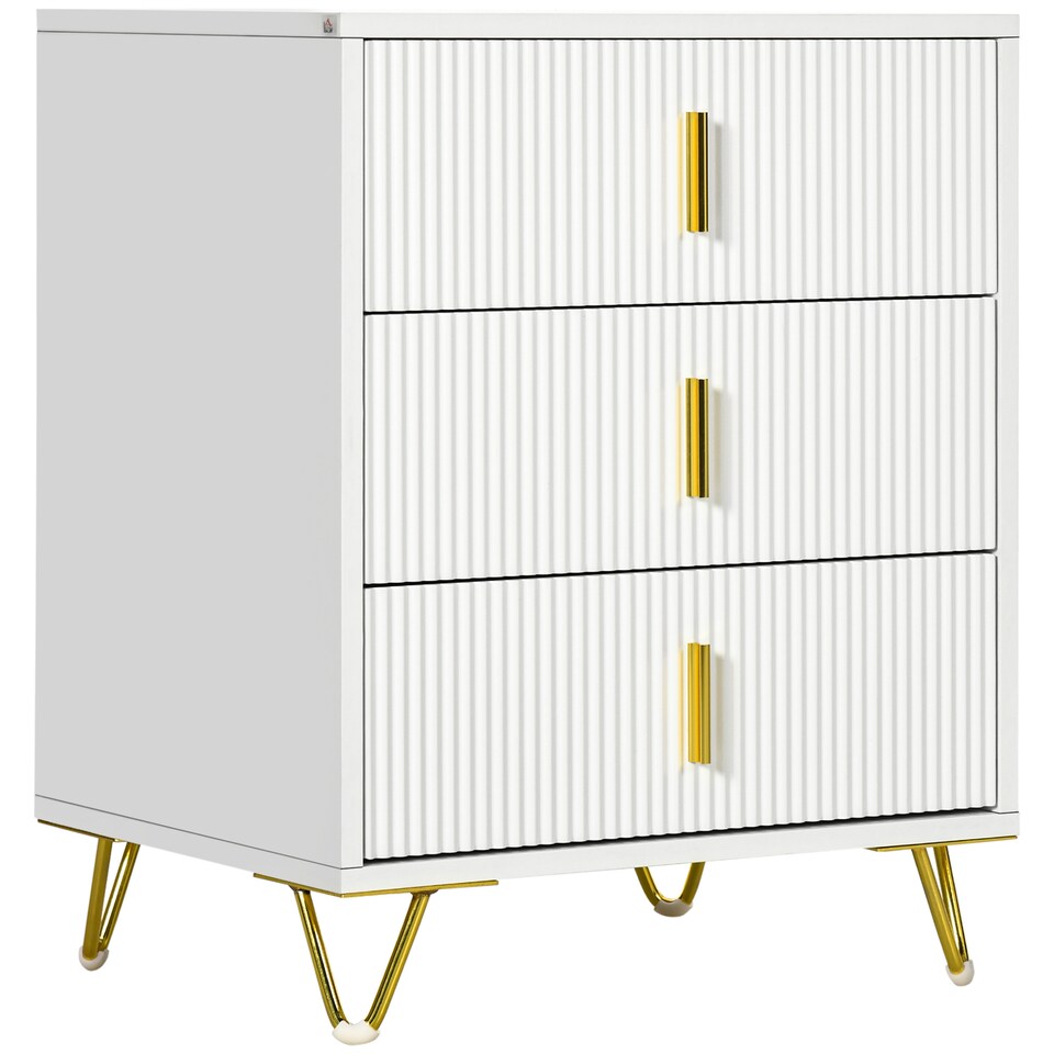 image 1 of HOMCOM Modern 3 Drawer Dresser, Fluted Bedroom Dresser Chest of Drawers with Metal Legs and Steel Handles for Bedroom, White