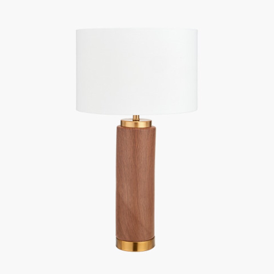 image 1 of Cylinder Wood Effect Ceramic Tall Table Lamp with Shade | Brown | Brown | 1