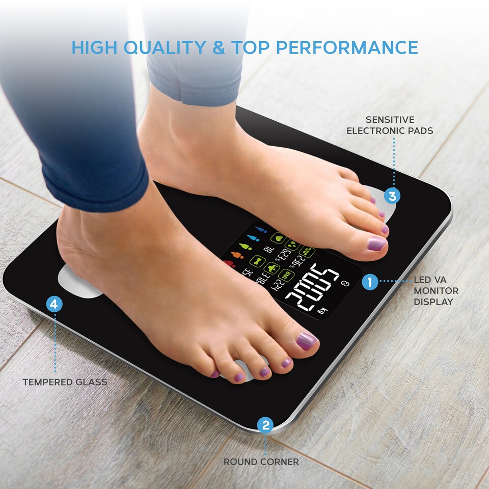 image 1 of Get Fit Smart Body Fat Bathroom Scales - Monitor Weight Loss, Digital Weighing Scale, Monitor 15 Compositions Free App & Large VA Led Screen | Black | 28x28cm | 1