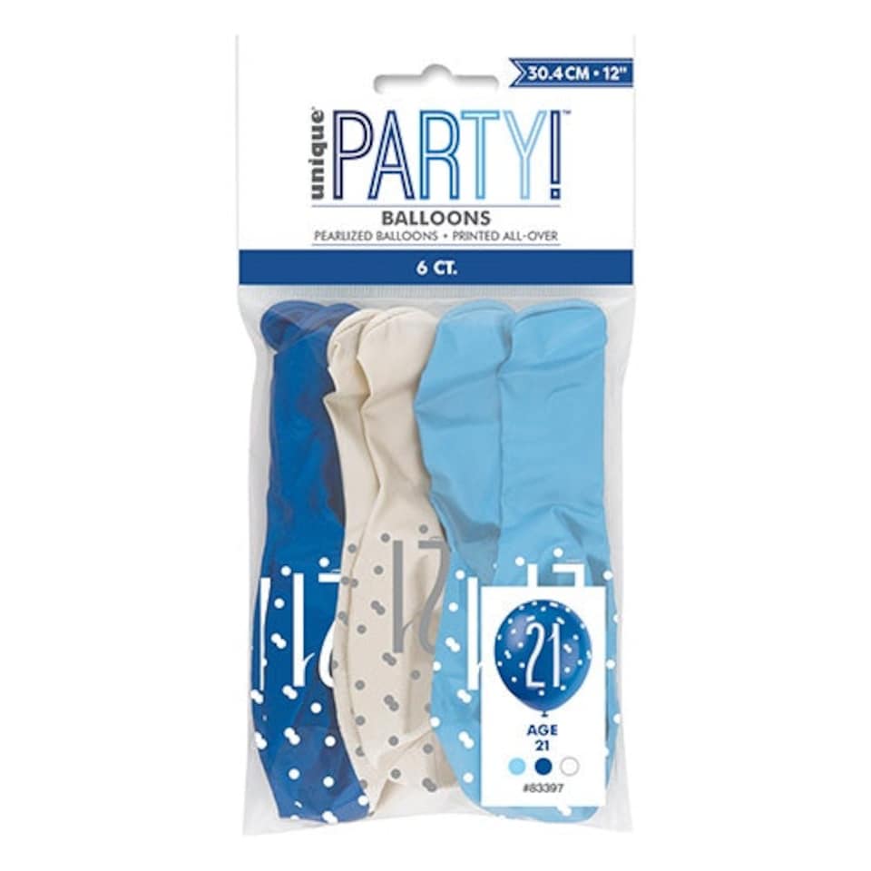 image 1 of Blue Glitz Age 21 Assorted Biodegradable Latex Balloons 30cm / 12 in - Pack of 6