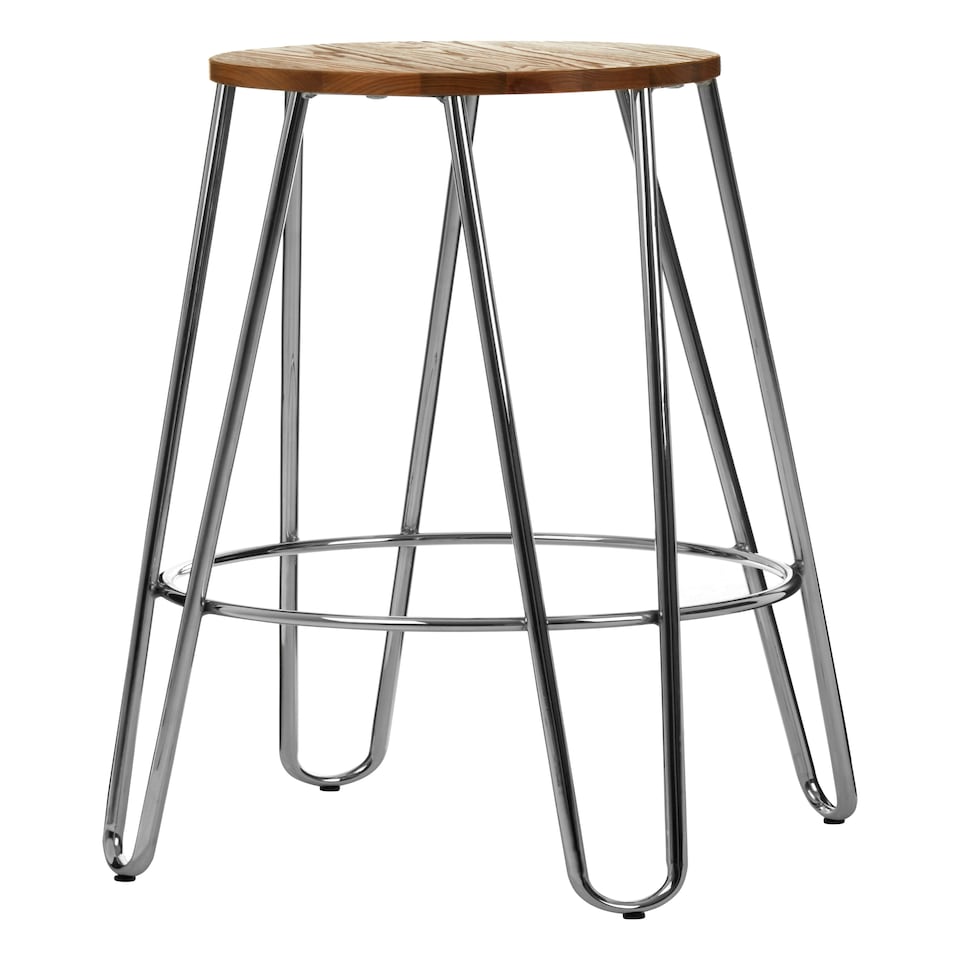 image 1 of Interiors by Premier Chrome Metal and Elm Wood Round Bar Stool, Hairpin Stool, Sturdy Stool for Bar, Kitchen Counter