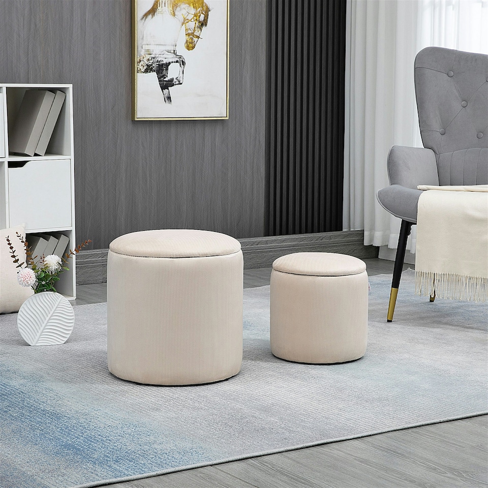 image 1 of HOMCOM Modern Fabric Storage Ottoman with Removable Lid, Set of 2, Cream White