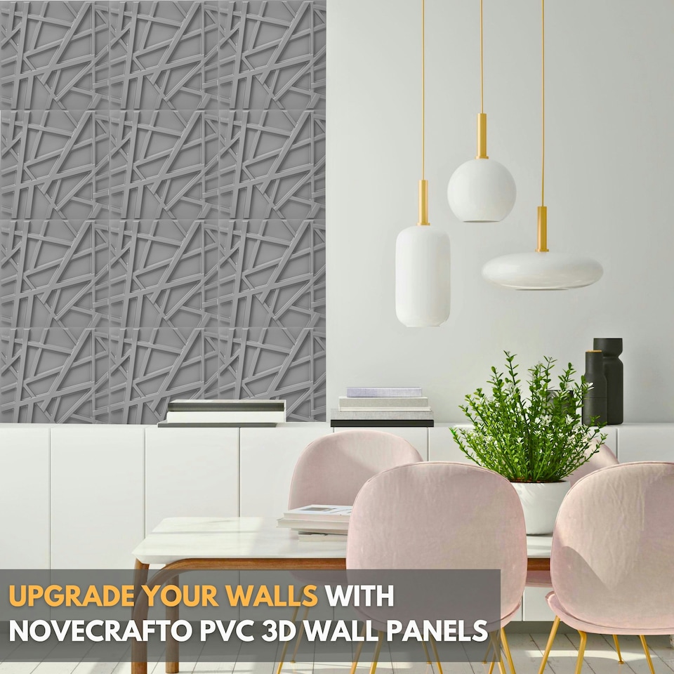 image 1 of NOVECRAFTO Geometric 3D Wall Panels – 6 Sheets Covering 1.5 sqm (16.15 sqft) – Decorative PVC Panels 50x50cm – Modern Geometric Line Design Grey