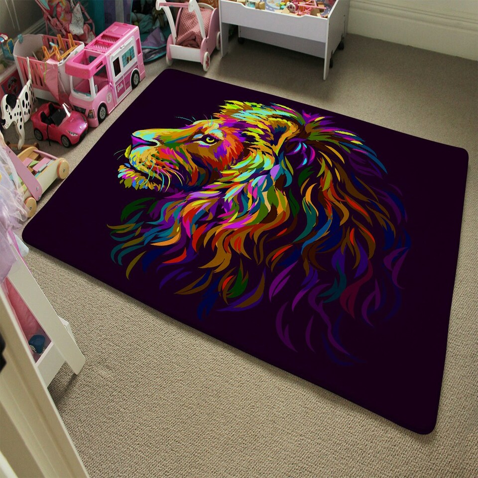 image 1 of Abstract, multicolored profile portrait of a lion's head on a purple background in popart style (Rug) Multi | M