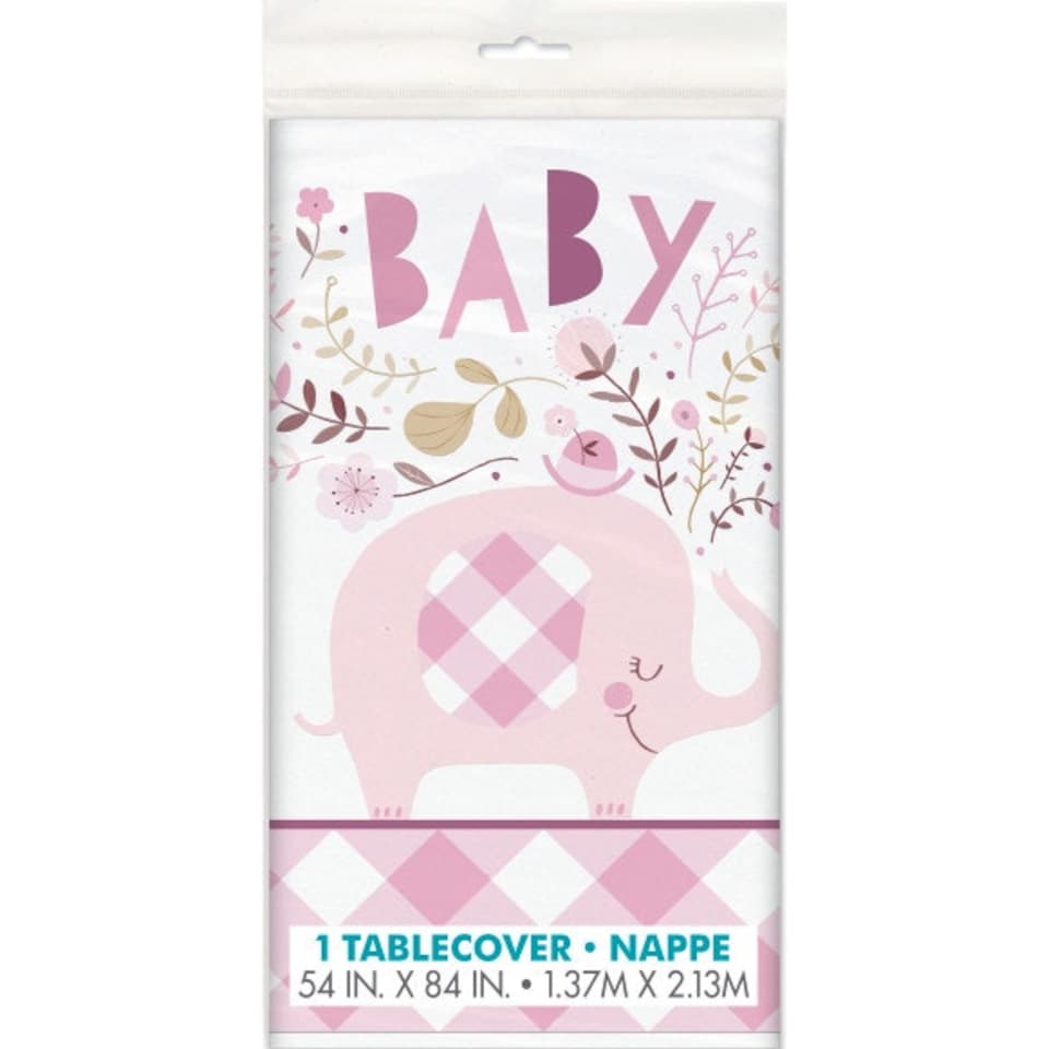 image 1 of Pink Floral Elephant Plastic Table Cover, 54"x84"