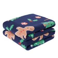 OHS Gingerbread Man Print Polar Fleece Blanket Throw, 120x150cm - Navy Blue