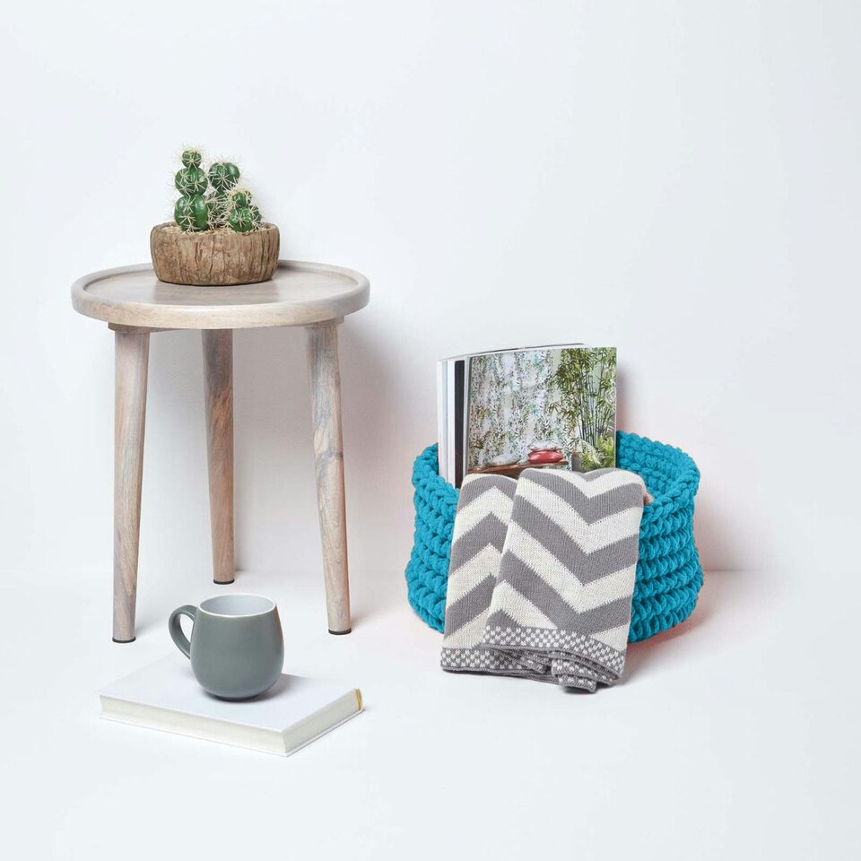 image 1 of Homescapes Teal Blue Cotton Knitted Round Storage Basket - 37 x 21cm Blue | M