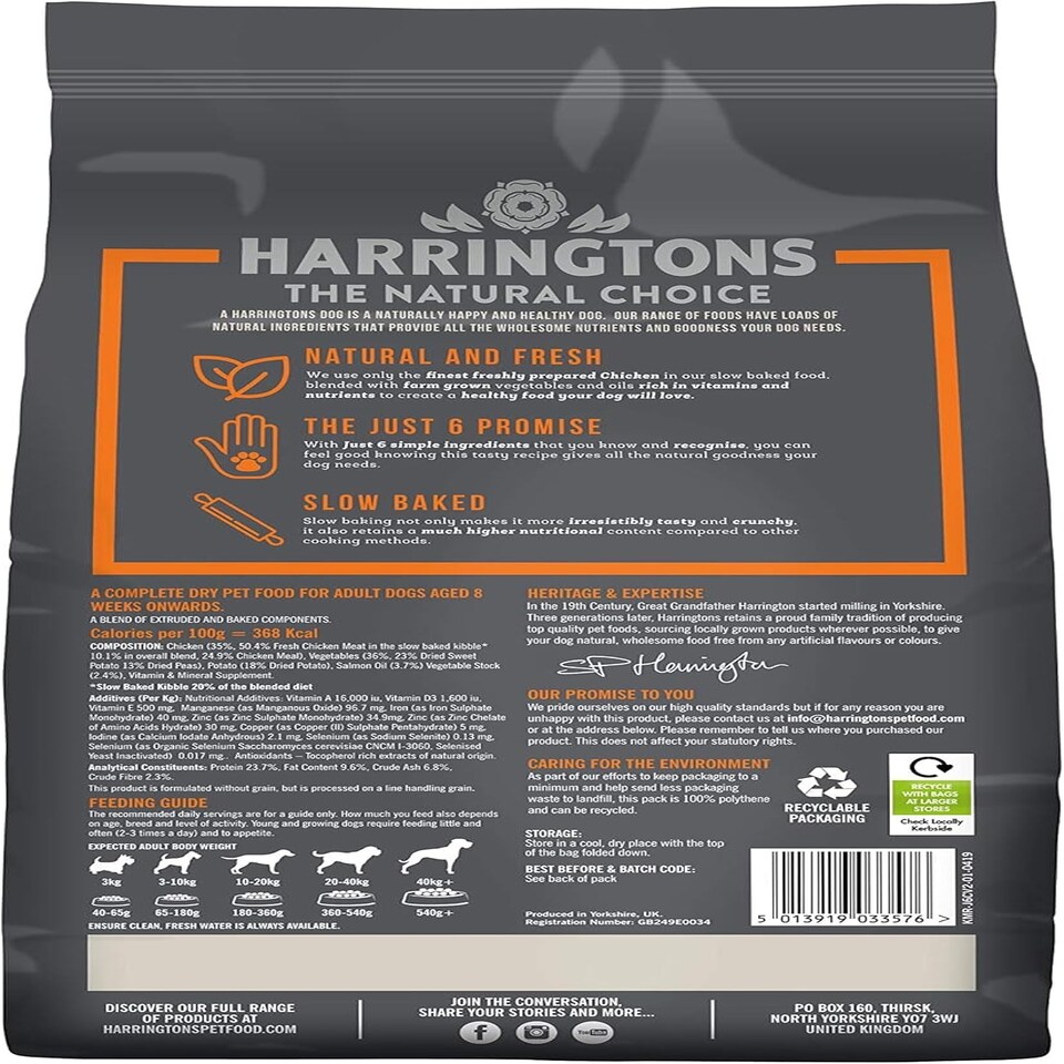 image 1 of Harringtons Just 6 Slow Baked Complete Grain Free Chicken and Sweet Potato Dry Dog Food, 2 kg, Pack of 4