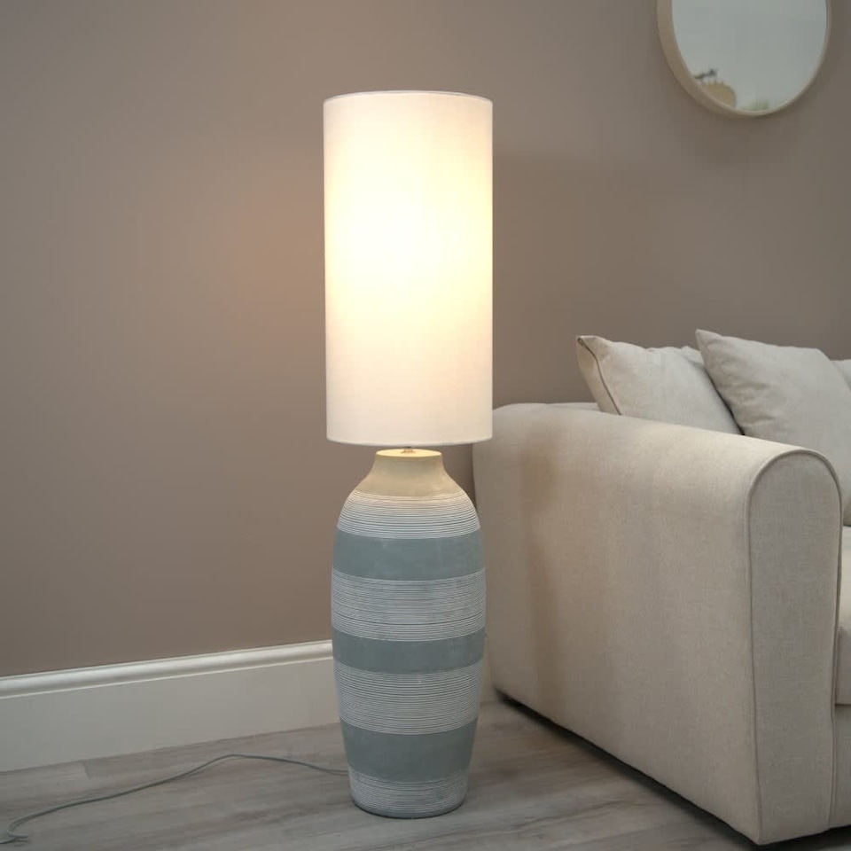 image 1 of ValueLights Deegan Grey Ceramic Midi Compact Floor Lamp with Tall Fabric Lamp Shade & Bulb | Grey