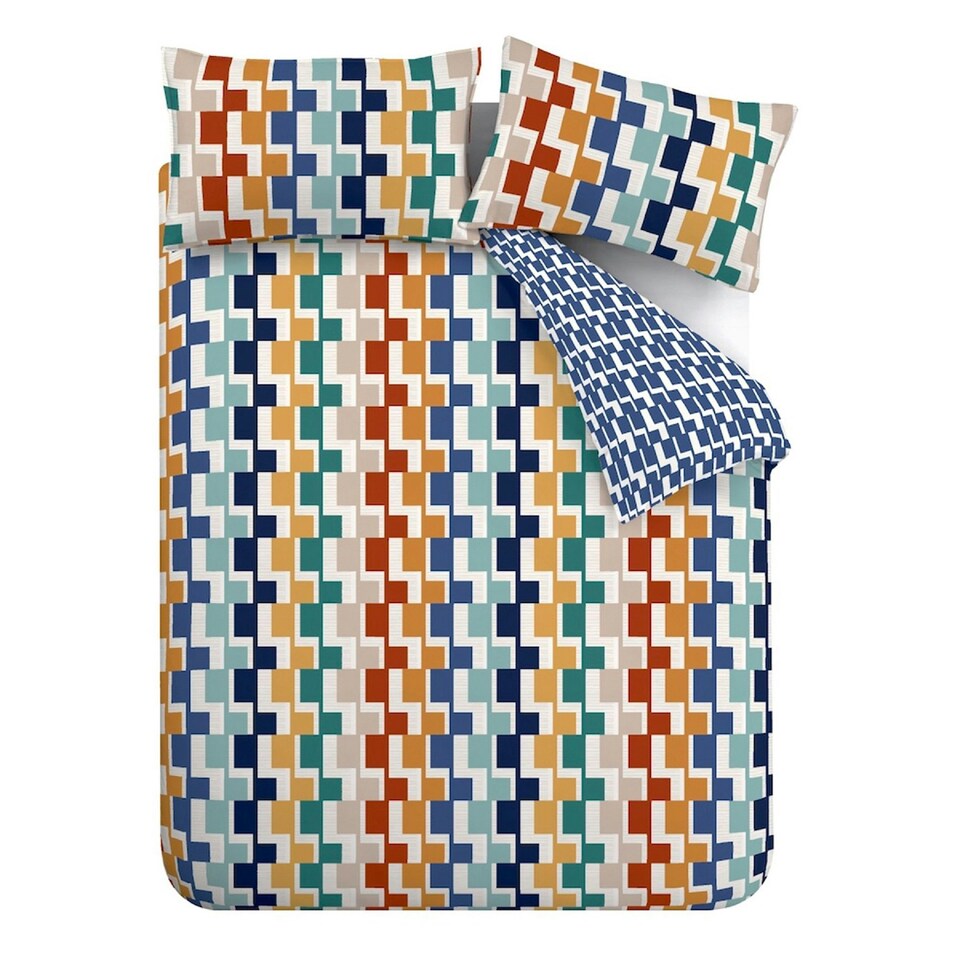 image 1 of Catherine Lansfield Bryson Geo Reversible Duvet Cover Set Brights Blue | Brights | Single