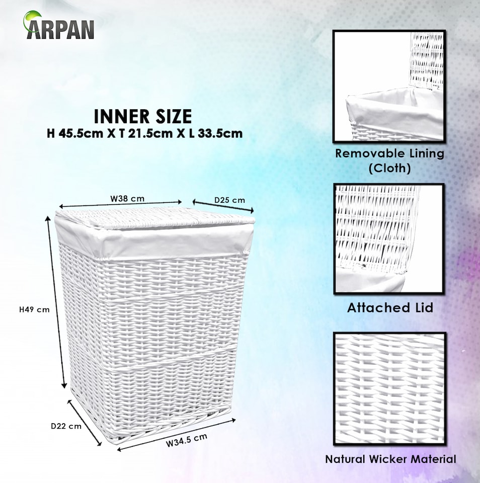 image 1 of ARPAN White Wicker Laundry Basket with Lid & Removable Washable Liner, Natural Woven Clothes Washing Hamper, Laundry Storage Basket for Bedroom, Bathroom & Utility Room