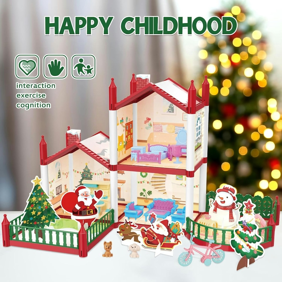 image 1 of Christmas Doll House Playset - 3D DIY Two-Story Dream Home with Garden & Accessories Holiday Gift for Kids Ages 3 plus