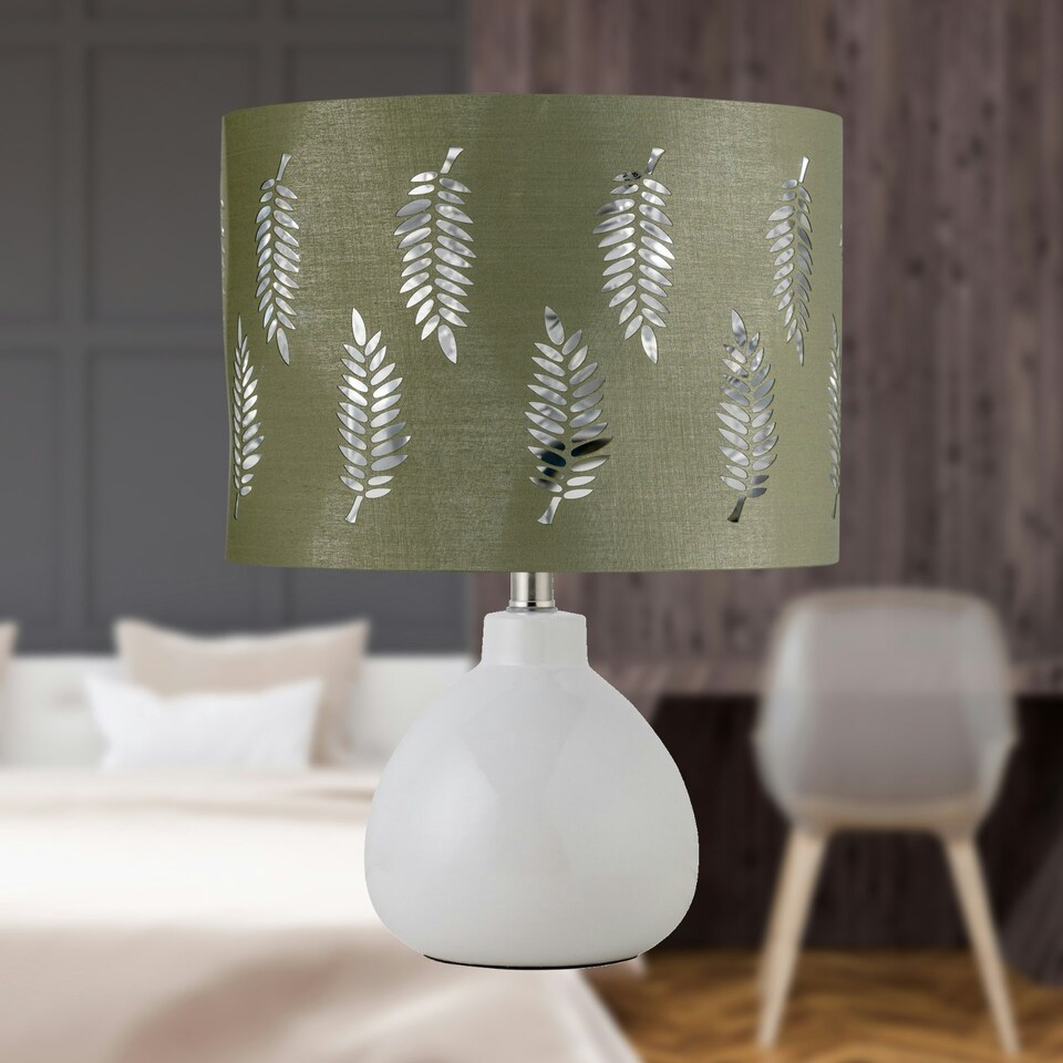 image 1 of Set of 2 Tuscan - White Ceramic Lamps with Sage Green Fern Shade White | Green