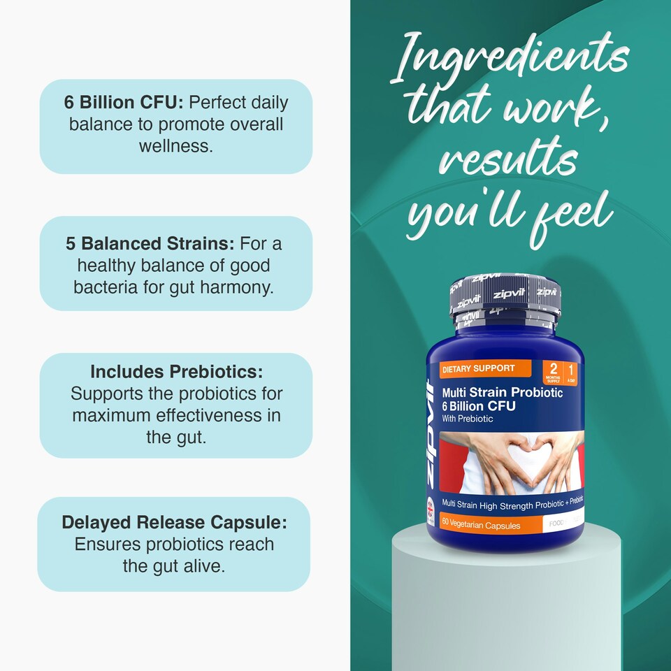 image 1 of Zipvit Multi-Strain Probiotic – 6 Billion CFU & Prebiotic, 60 Vegetarian Capsules, 2-Month Supply
