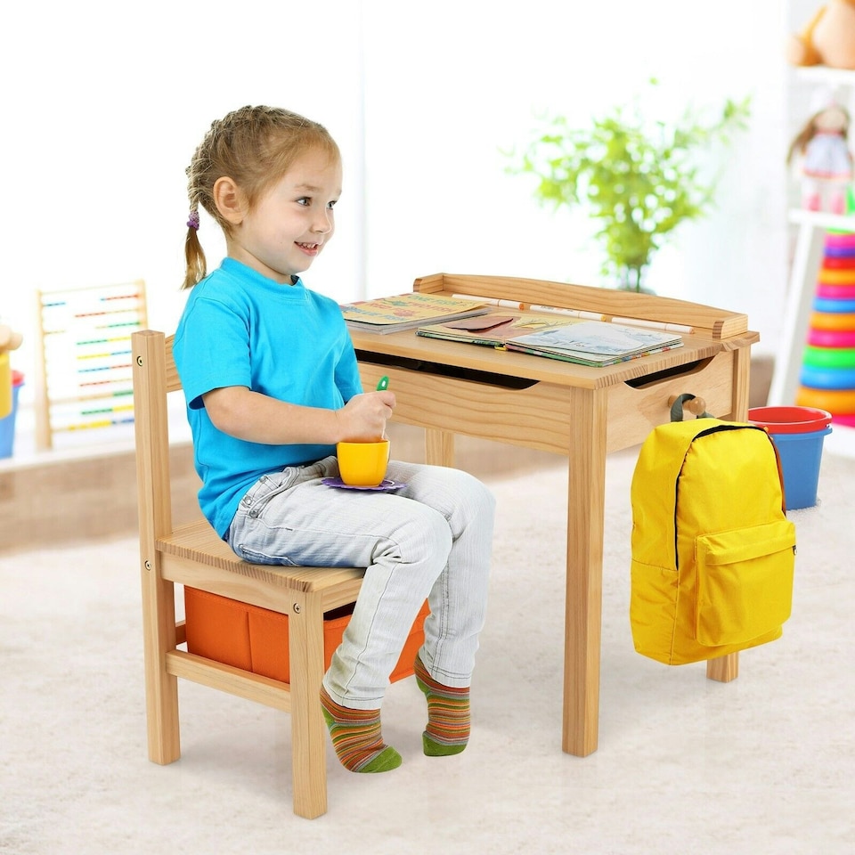 image 1 of COSTWAY Kids Table and Chair Activity Table Set Natural | Multi