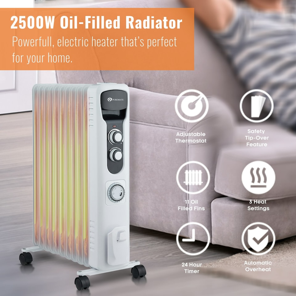 image 1 of PureMate 2500W 11 Fin Oil Filled Radiator - White