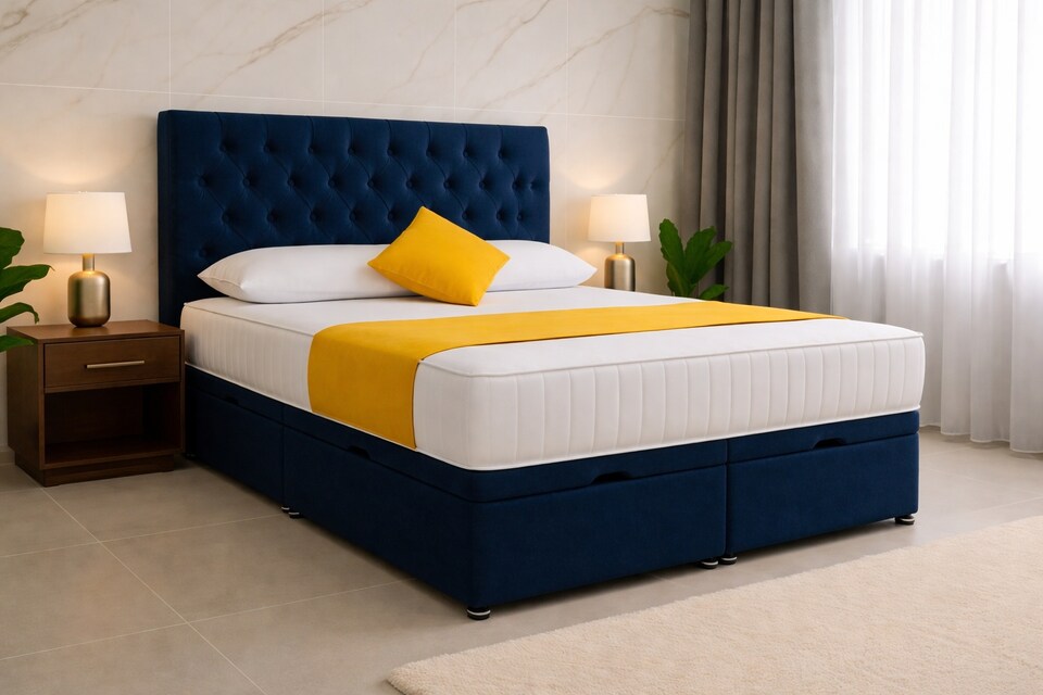 image 1 of 6ft Superking Chesterfield Blue Plush Ottoman End Open Bed with Headboard and Mattress Set
