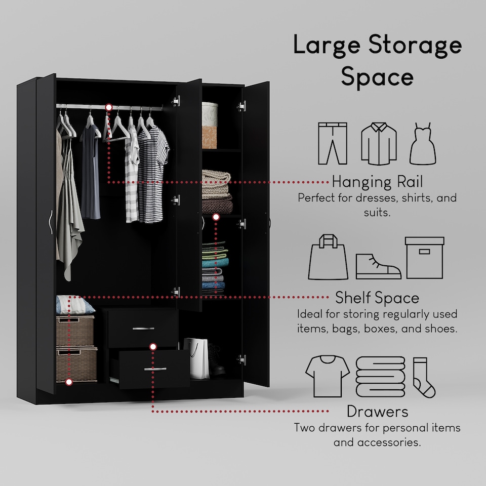 image 1 of Vida Designs Riano 3 Door 2 Drawer Mirrored Wardrobe With Shelf & Clothes Rail, Black