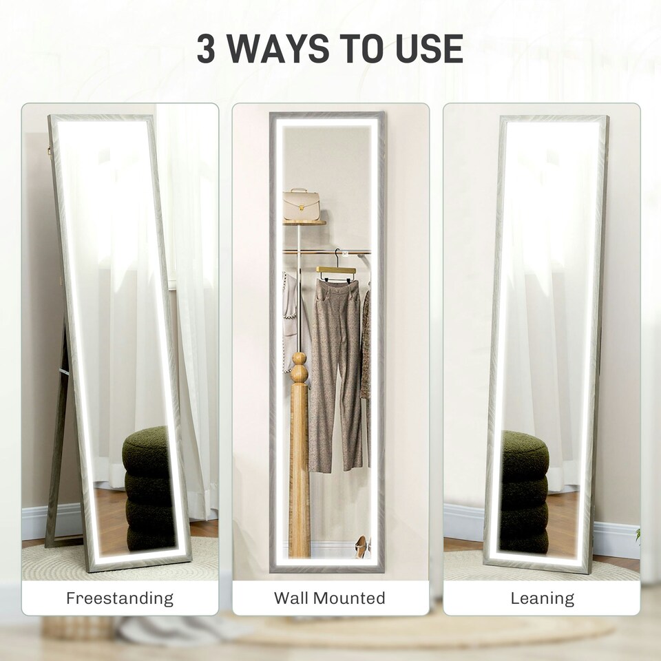 image 1 of HOMCOM Dimming Full Length Mirror w/ Lights Standing Leaning Wall Mount Grey