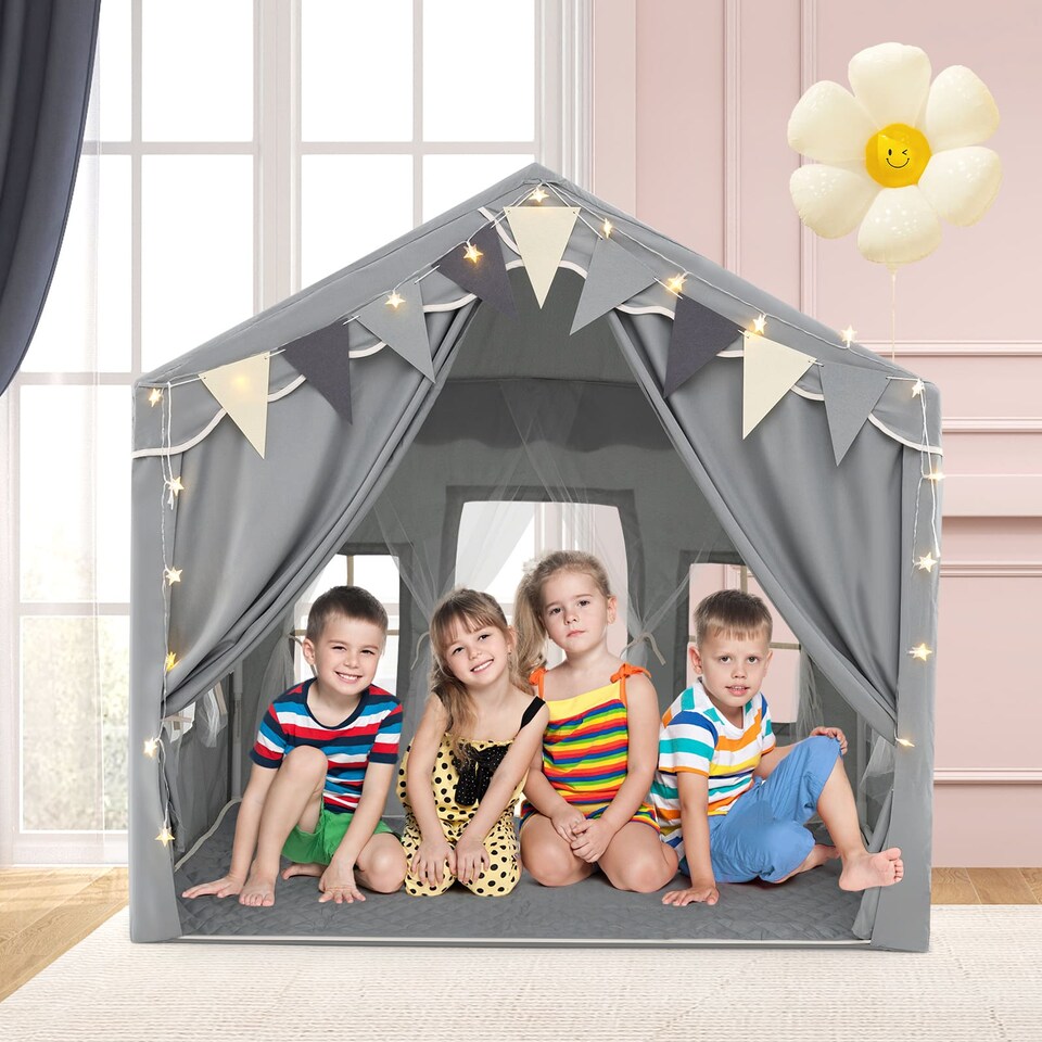 image 1 of COSTWAY Kids Play Tent 3-4 Kids Large Play Tent House w/2 Opening Doors-Grey