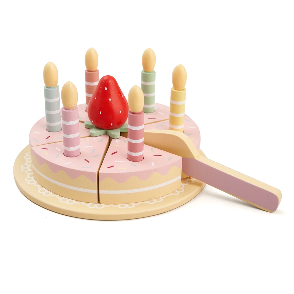 image 1 of Hooga Wooden Birthday Cake Toy With Candles & Slicer - Play Food for Kids - Pink