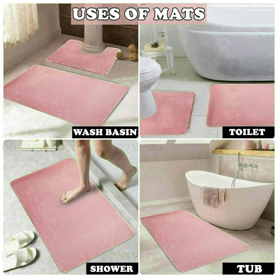 image 1 of VELVETIO Faux Fur Bath Mat Set Shaggy Super Soft Plush Anti Slip PVC Back White