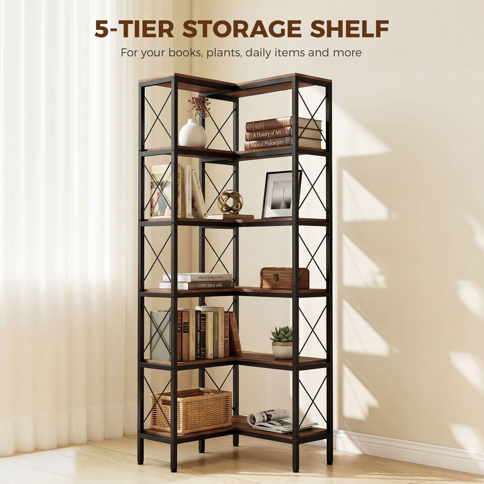 image 1 of HOMCOM L-Shaped Bookshelf, 5-Tier Bookcase with Metal Frame, Rustic Brown