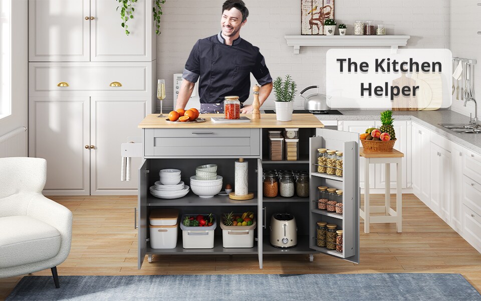 image 1 of VILUXE Mobile Kitchen Island with Foldable Worktop, Drawer, Adjustable Cabinets, 3 Door Spice Racks, Towel Rail and 5 Wheels, Grey