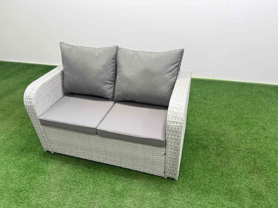 image 1 of Fimous Patio PE Wicker 8 Seater Outdoor Rattan Furniture Sofa Sets with Rectangular Dining Table Reclining Chair Loveseat Sofa 3 Seater Sofa Stool Side Table Light Grey