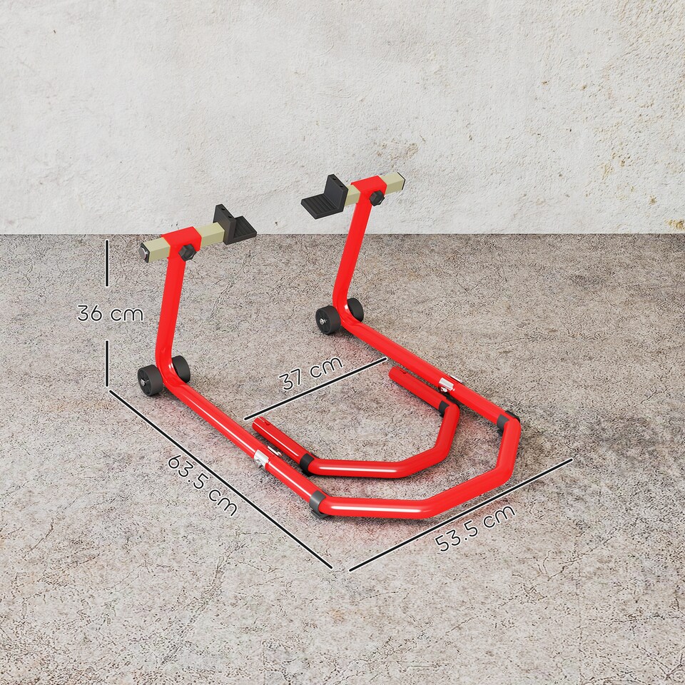 image 1 of HOMCOM Motorcycle Stand Lift, 390 kg Capacity Convertible Front/Rear Motorbike Motorcycle Paddock Lift Stand with Adjustable U+L Fork Pin Adaptors, Wheels, Clamping Clips, Red